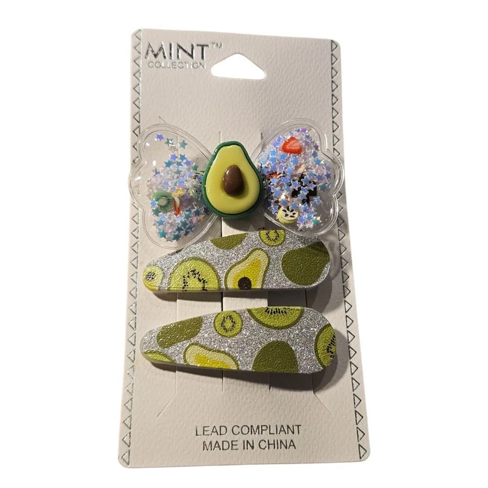 Kids Avocado Glitter Hair Clips Set - Green